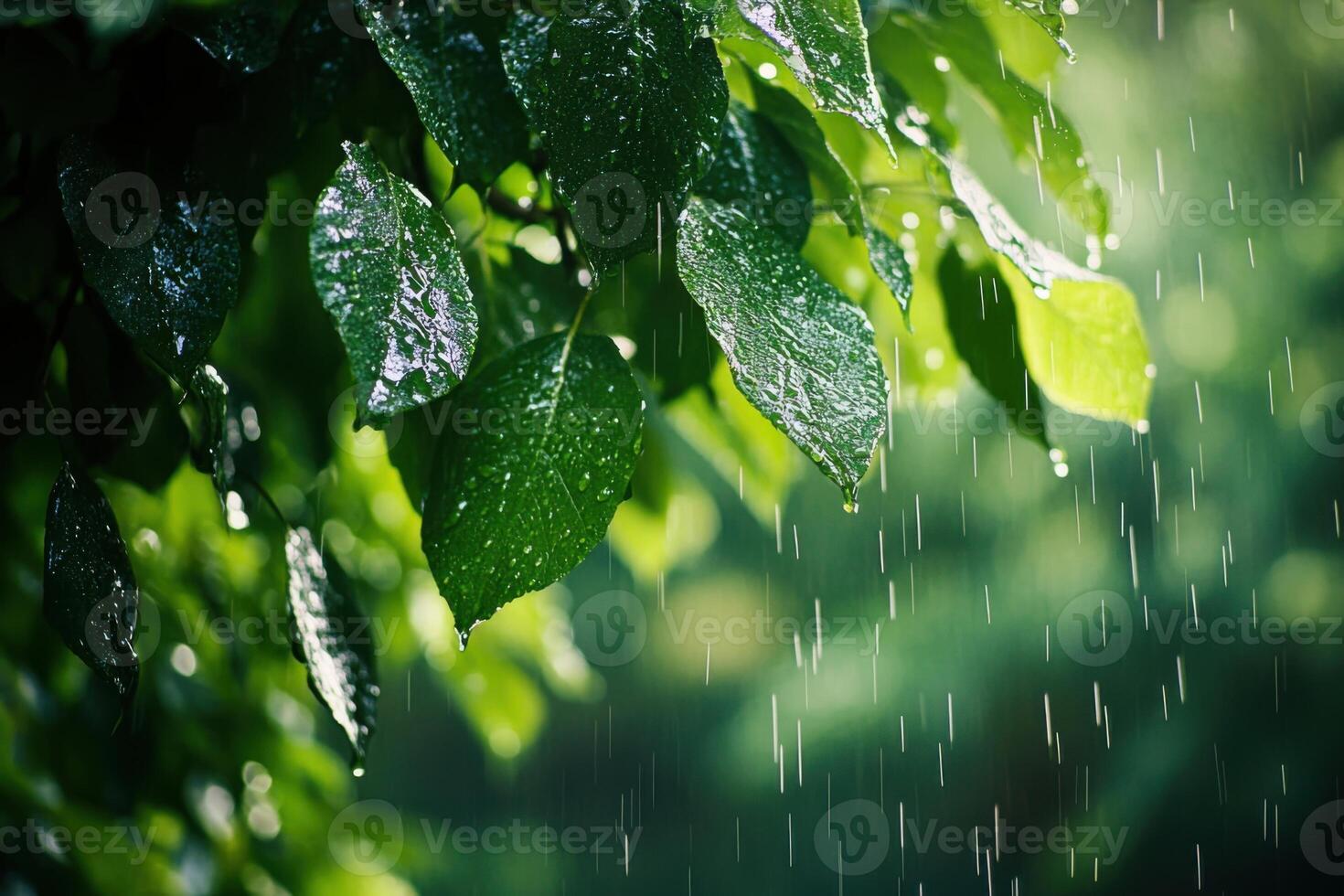 Rain falls on green leaves. Water drips from foliage in forest. Natural wet plant environment. Summer weather with moisture in nature. photo