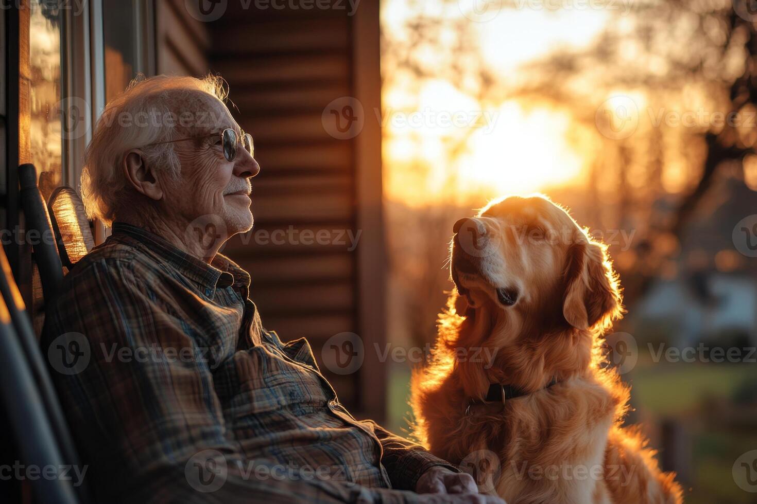 Senior man in glasses sits with golden retriever dog. Sunset light shines on house porch. Old man enjoys golden hour with pet companion. photo