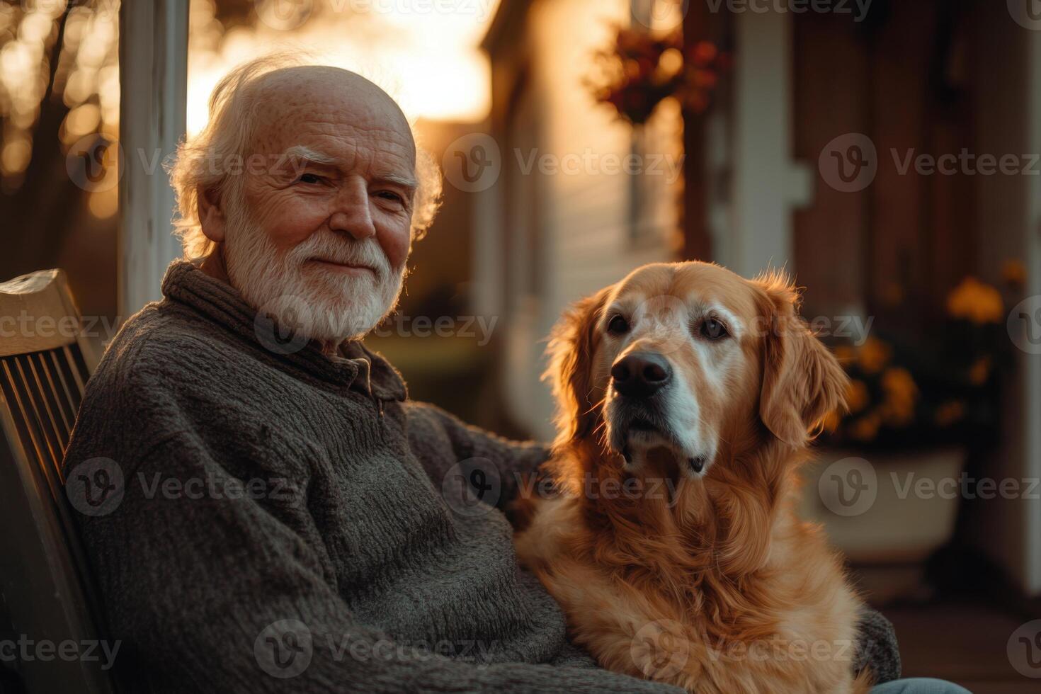 Elderly man sits with his golden retriever. Senior man relaxing on porch with dog at sunset. Content man and dog enjoy quiet evening. photo