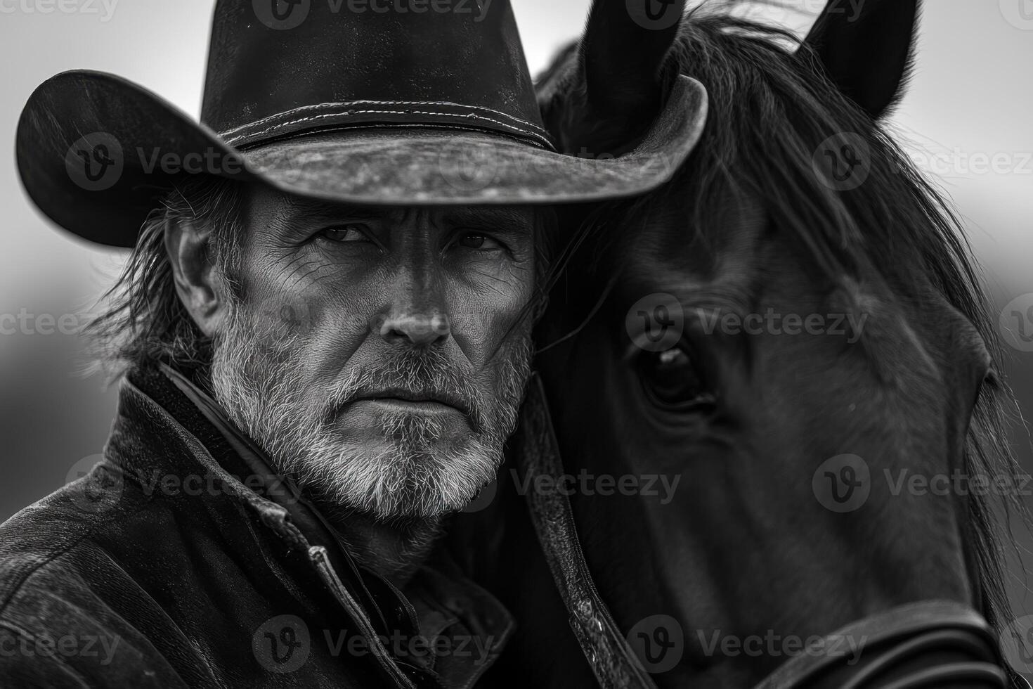 Monochrome image of a man with a hat next to a horse. Close up portrait of face. Horse eye in focus. Outside. Rugged look. photo