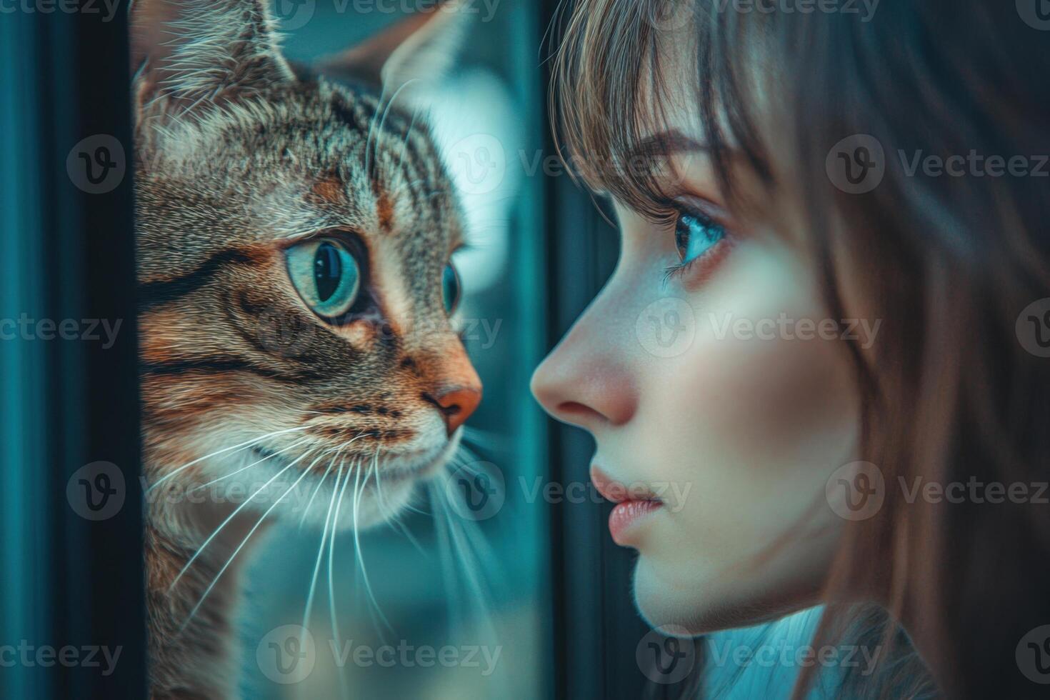 Tabby cat looking through glass. Side view of woman looking at cat. Soft light on face. Beautiful green eyes and stripes photo