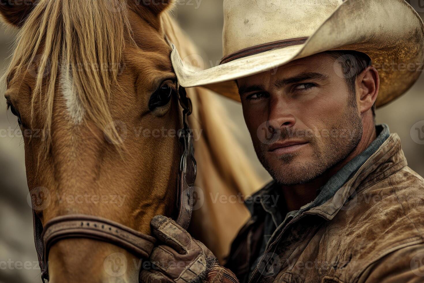 Cowboy in hat looks at camera next to brown horse. Man wearing gloves and leather jacket. Outdoor scene with western feel. photo