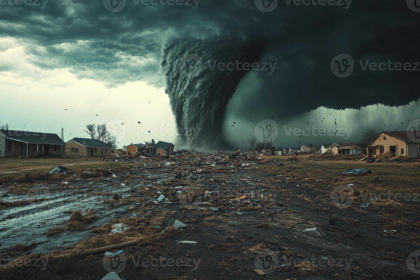 Large tornado destroys houses in a residential area. Strong winds and storm clouds create a powerful and destructive weather event. Dark and ominous atmosphere. photo