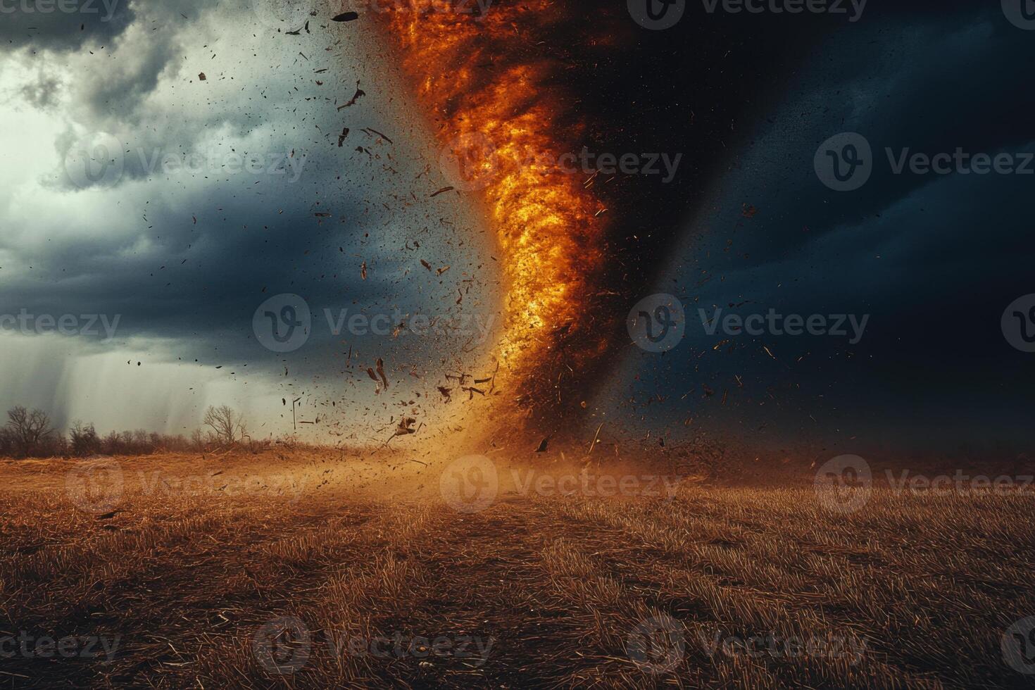 Large tornado twisting across dry field during storm. Debris swirling in the air. Dark ominous clouds in the background. Destructive weather event. photo