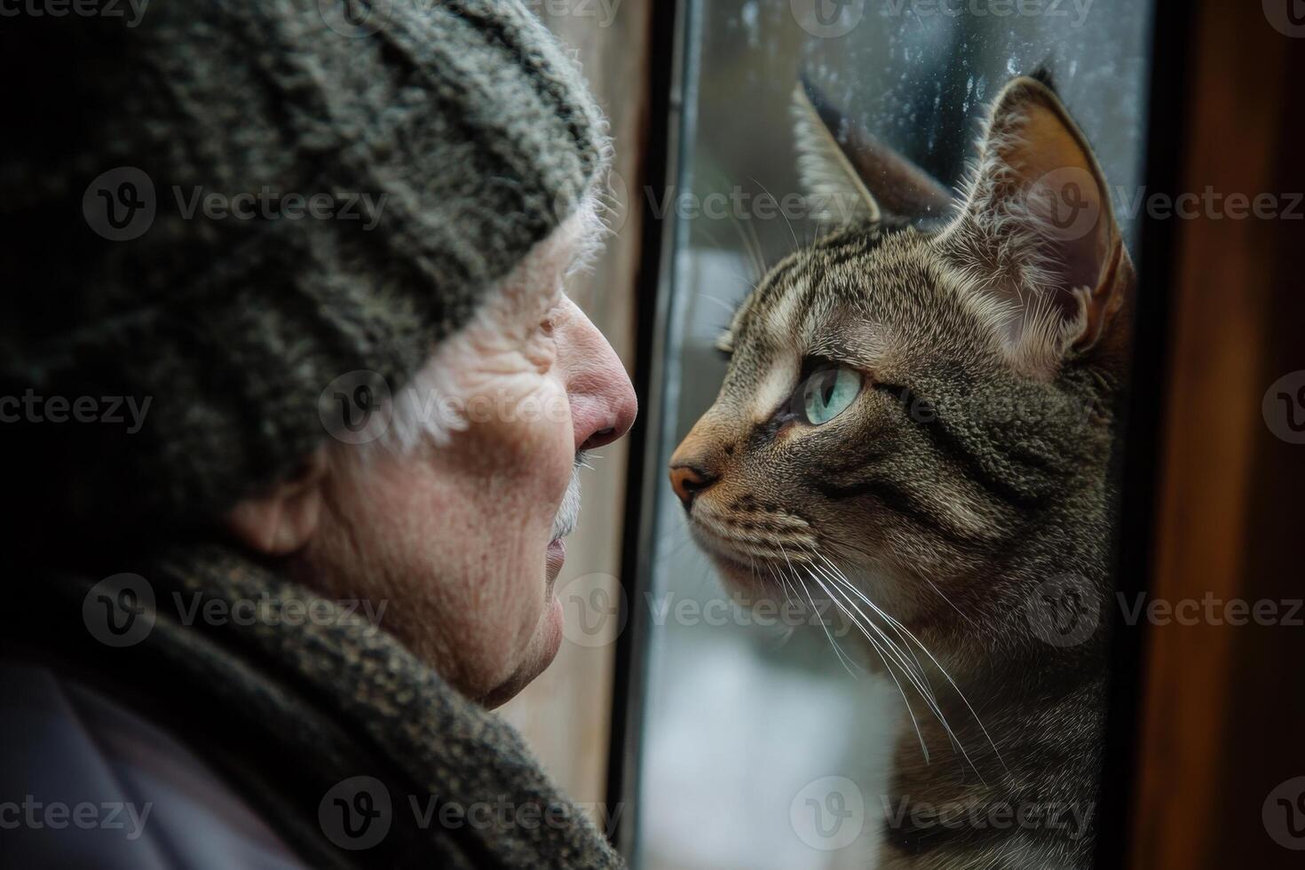 Elderly individual with hat looks towards a tabby cat through the glass. The cat also stares toward the individual indoors. photo