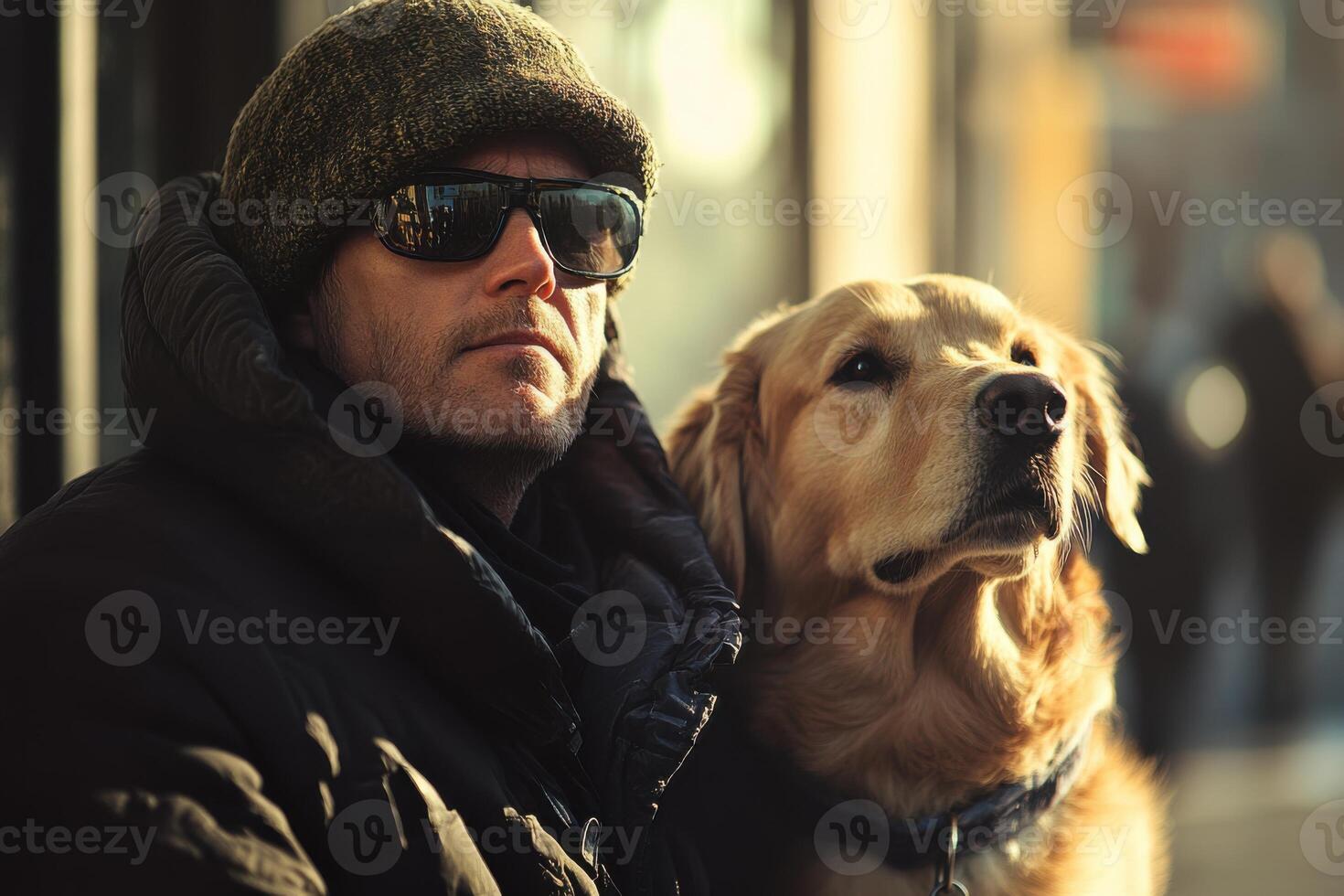Man in winter coat and hat sits with a golden retriever dog outdoors in a city setting with soft sunlight and shallow depth of field photo