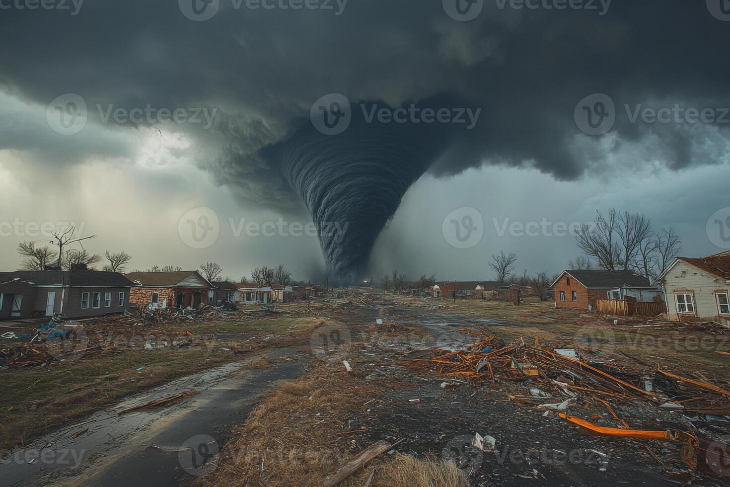 Large tornado touches ground near small town. Dark storm clouds above houses with debris in yards. Destructive force of nature in rural setting. photo