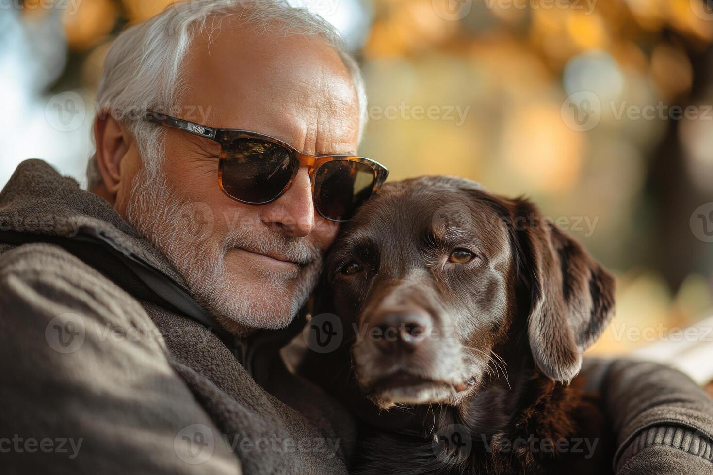 Older man with sunglasses embraces his brown labrador dog outside on an autumn day with trees and yellow leaves in soft focus photo