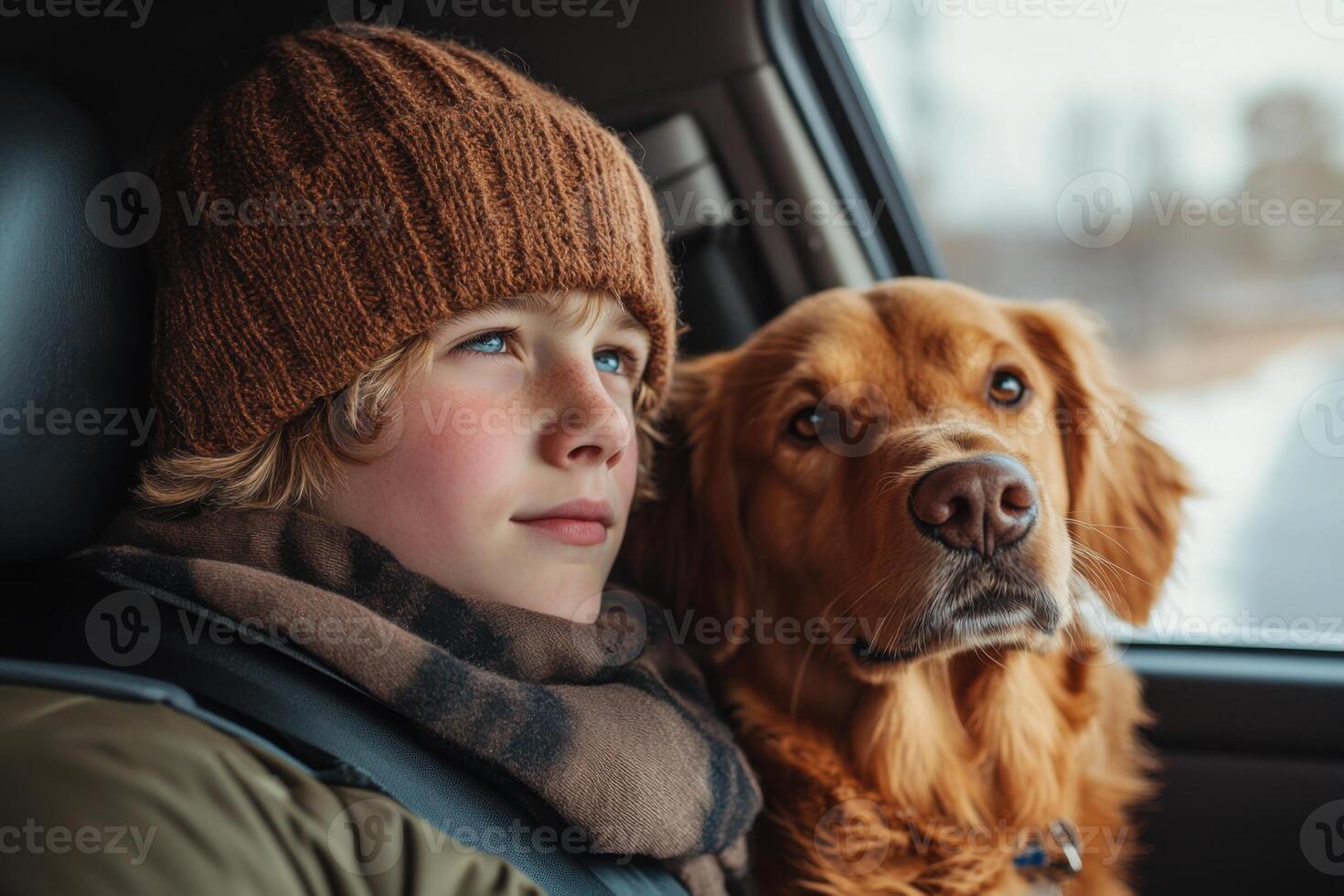 Boy with brown hat and scarf sitting next to a dog inside a car looking out the window at the winter landscape photo