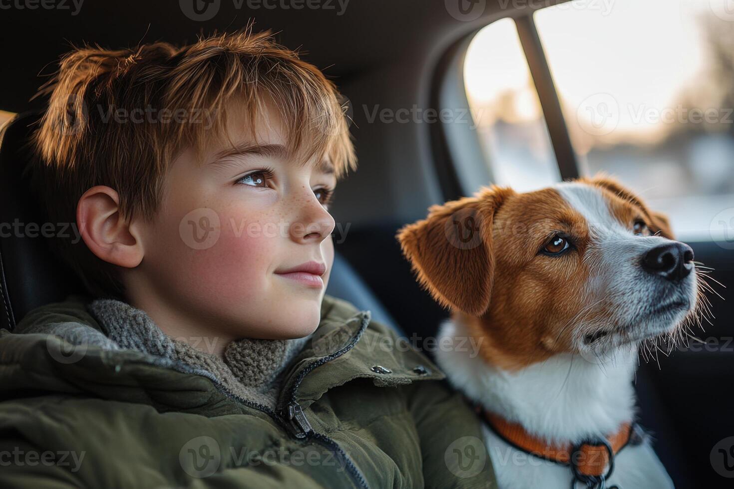 Boy and dog sit together inside car. Child and pet companion look out window on travel adventure. Road trip with animal friend during golden hour. photo