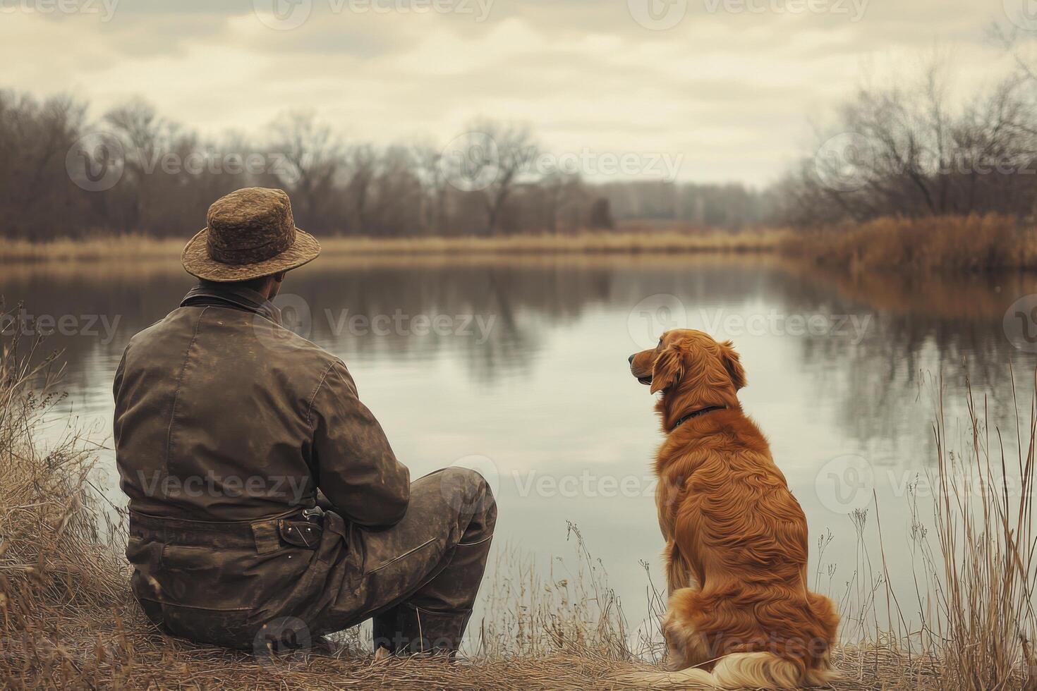 Man and dog sit quietly by the lake. Calm water reflects the trees. Brown reeds line the shore on a cloudy day. photo