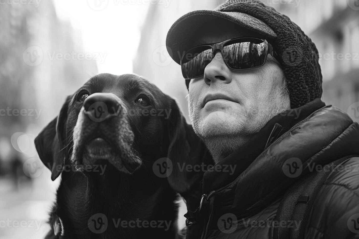 Man wears sunglasses and a knit hat standing next to a black dog looking up in black and white on city street photo
