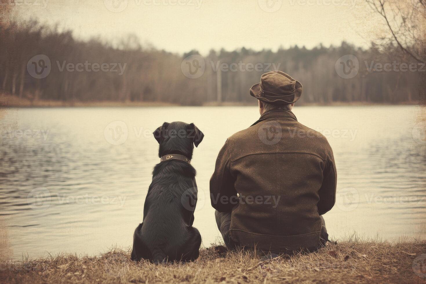 Man and dog sit together at lake edge. Brown grass, water reflection and forest in background. Back view, peaceful moment. photo