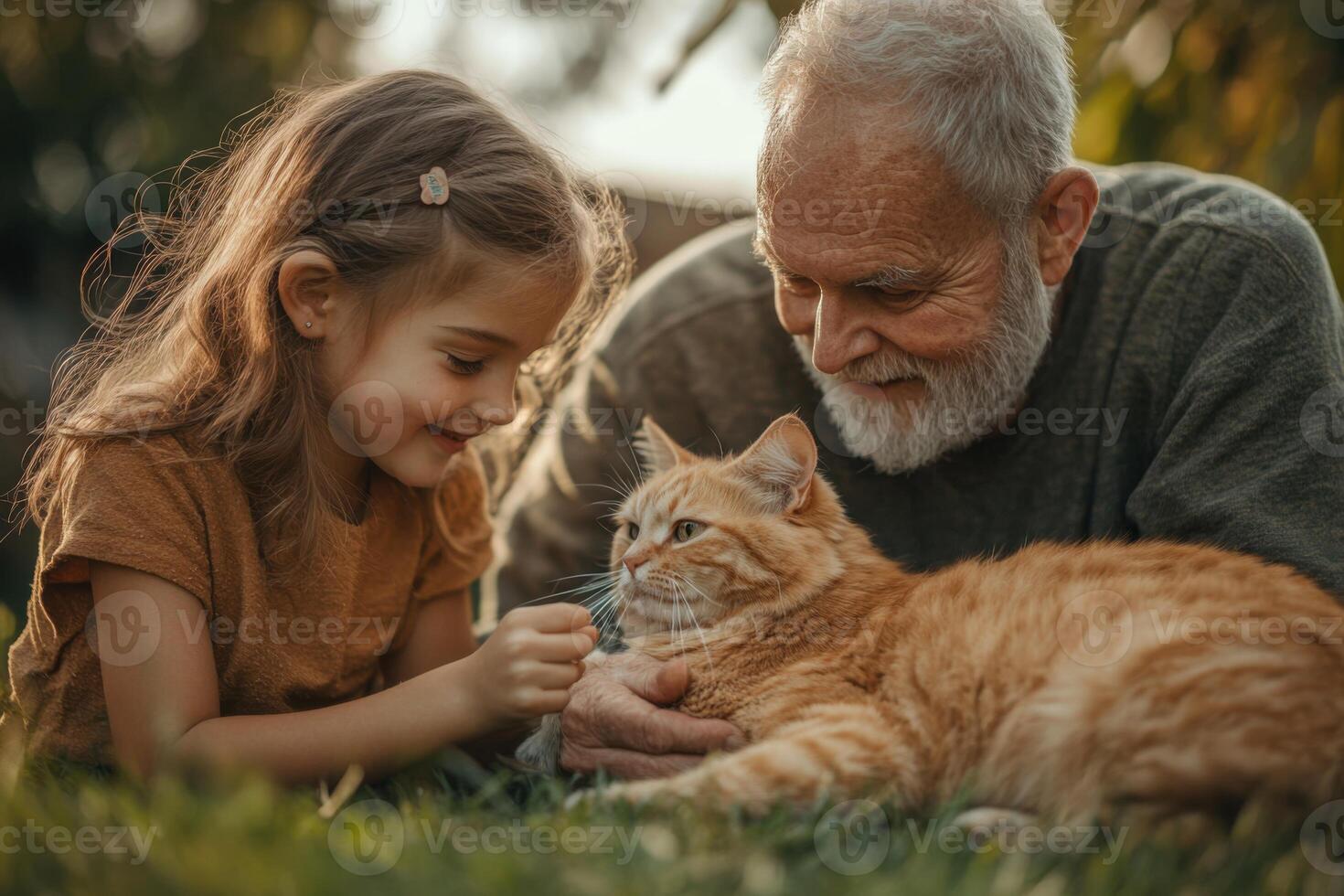 Girl with long hair pets orange cat on lawn next to older man with white beard in soft afternoon light. photo