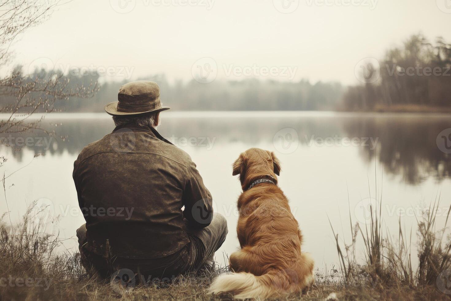 Man and dog sit on grass near calm lake water. Overcast day with trees reflecting. Animal companion enjoying outdoor scenery. photo