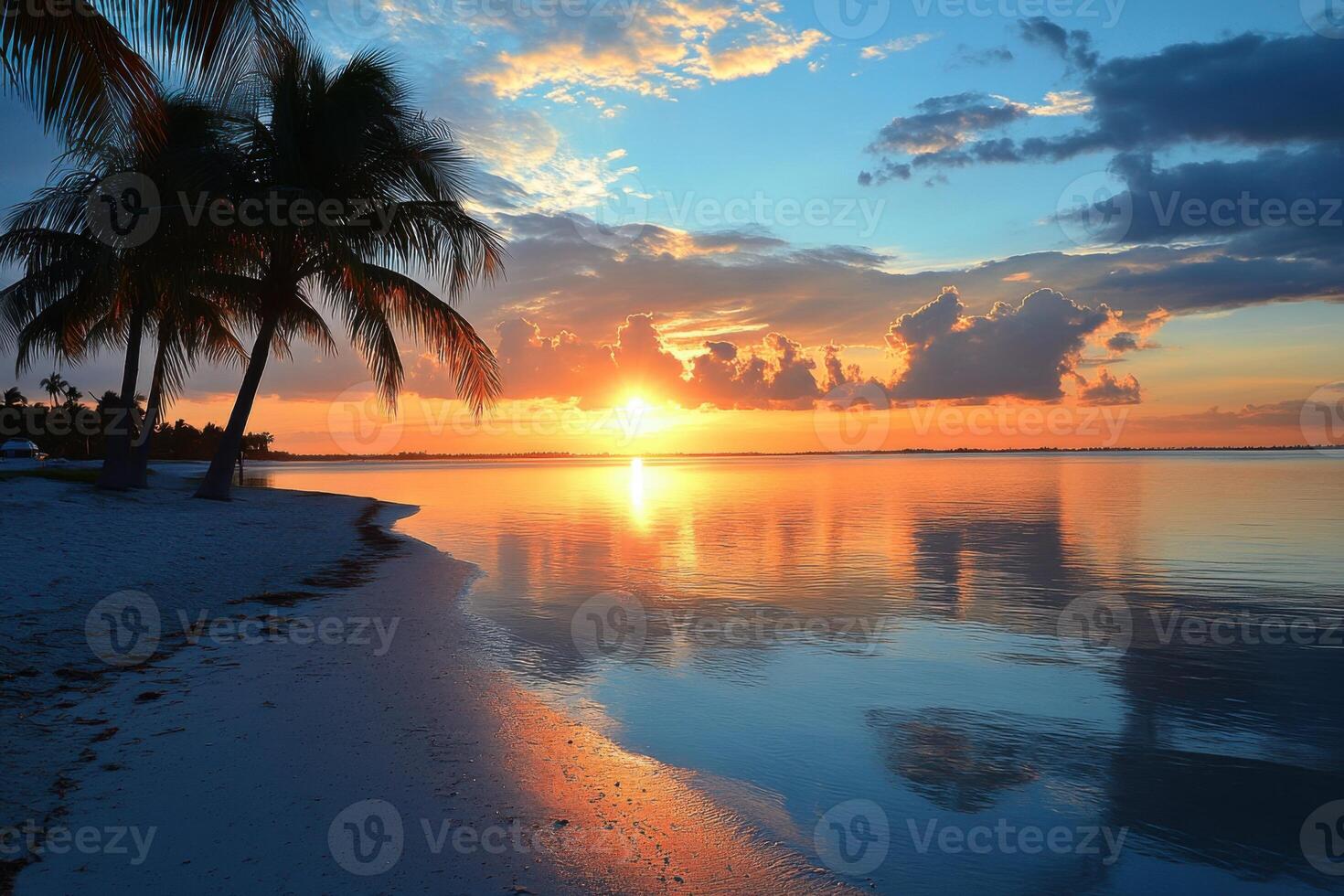 Palm trees line white sand beach at sunset. Warm light reflects on calm ocean waters beneath a sky of clouds and bright sun photo