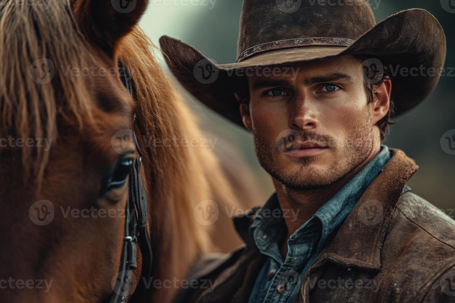 Close up of person in hat with leather jacket standing next to brown horse in outdoor setting with blurred background photo