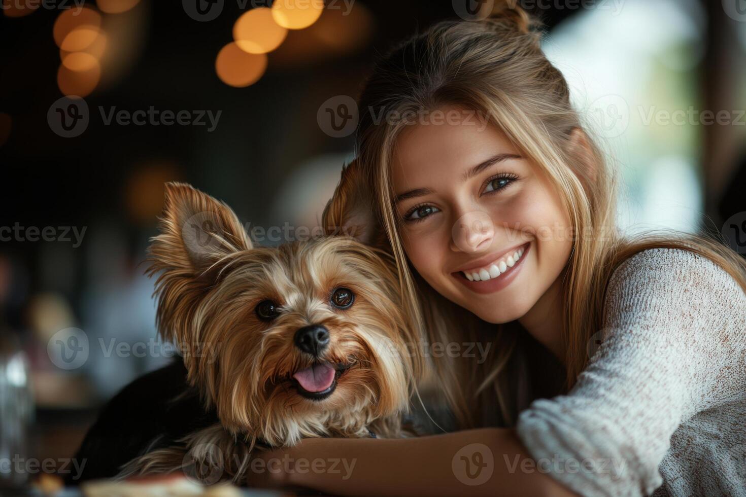 Smiling woman rests with small dog indoors. Blonde girl smiles. Happy pet with long hair looks forward. Dark background with bokeh. photo