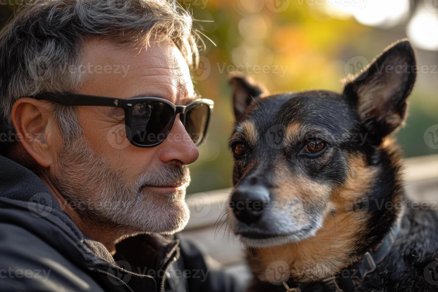 Man with sunglasses sits outside with his dog. The small dog is wearing a collar. They are enjoying each other's company in sunlight. photo