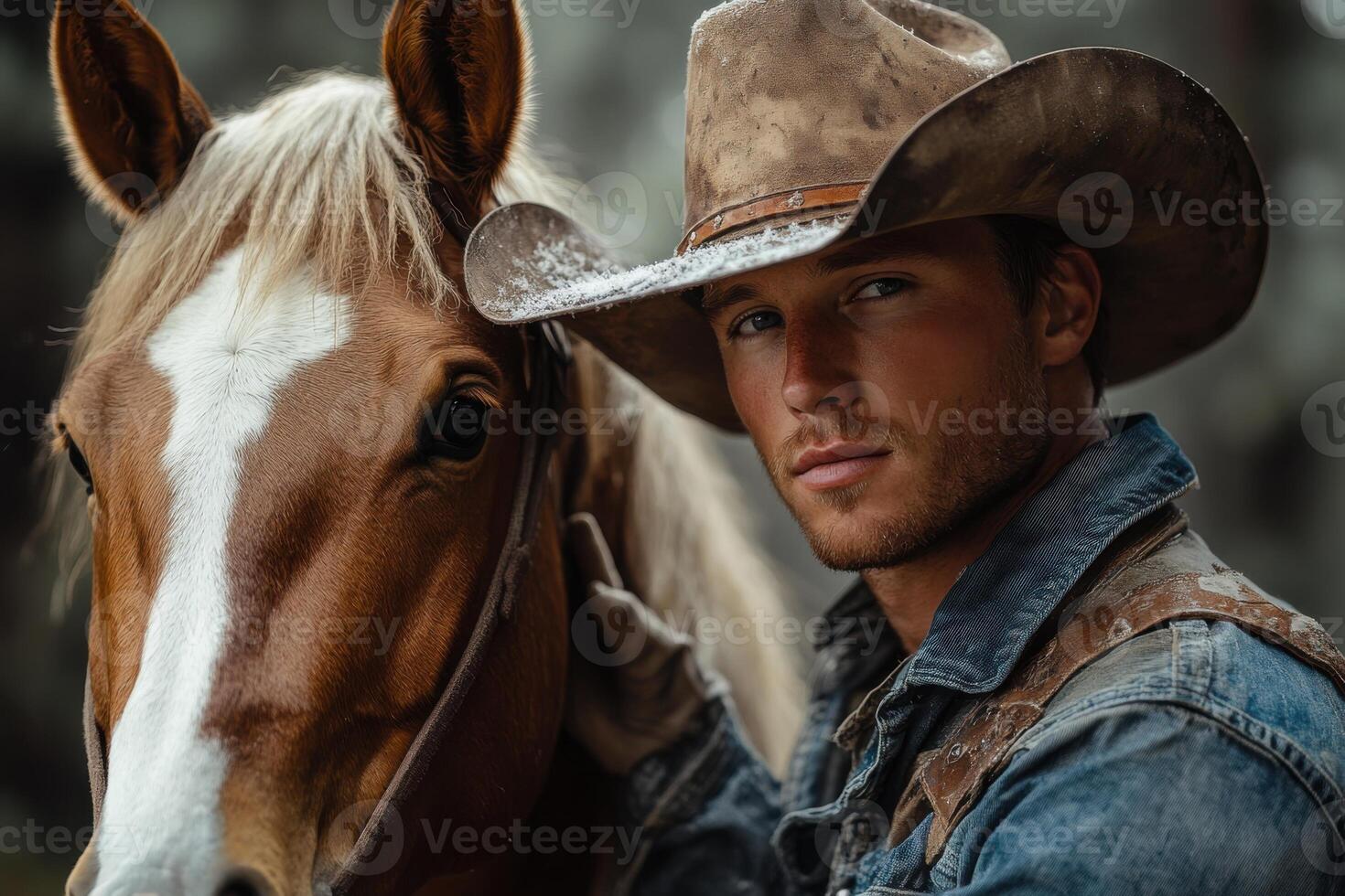 Portrait of person wearing cowboy hat with a horse. Focus on the face. Wearing denim jacket and leather vest. Outdoor background. Natural light. photo