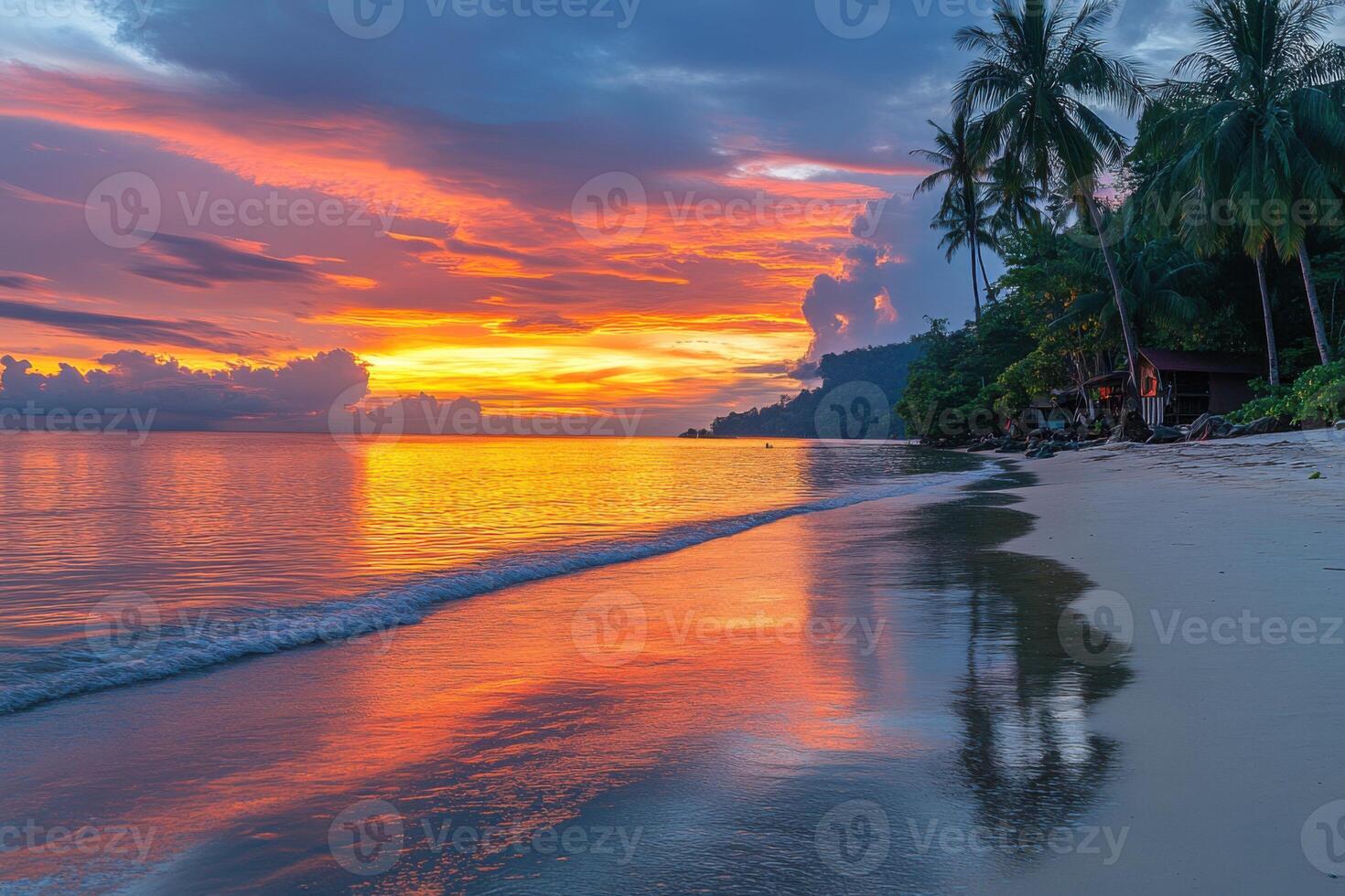 Tropical beach at sunset. Golden light reflects on ocean water and wet sand. Palm trees line a quiet coast with colorful clouds. photo