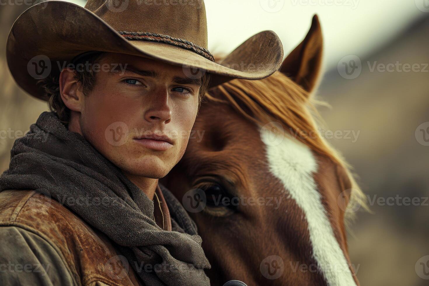 Young man with hat stands near horse. Outdoor portrait on ranch. Cowboy with animal looks at camera. Western lifestyle and friendship photo