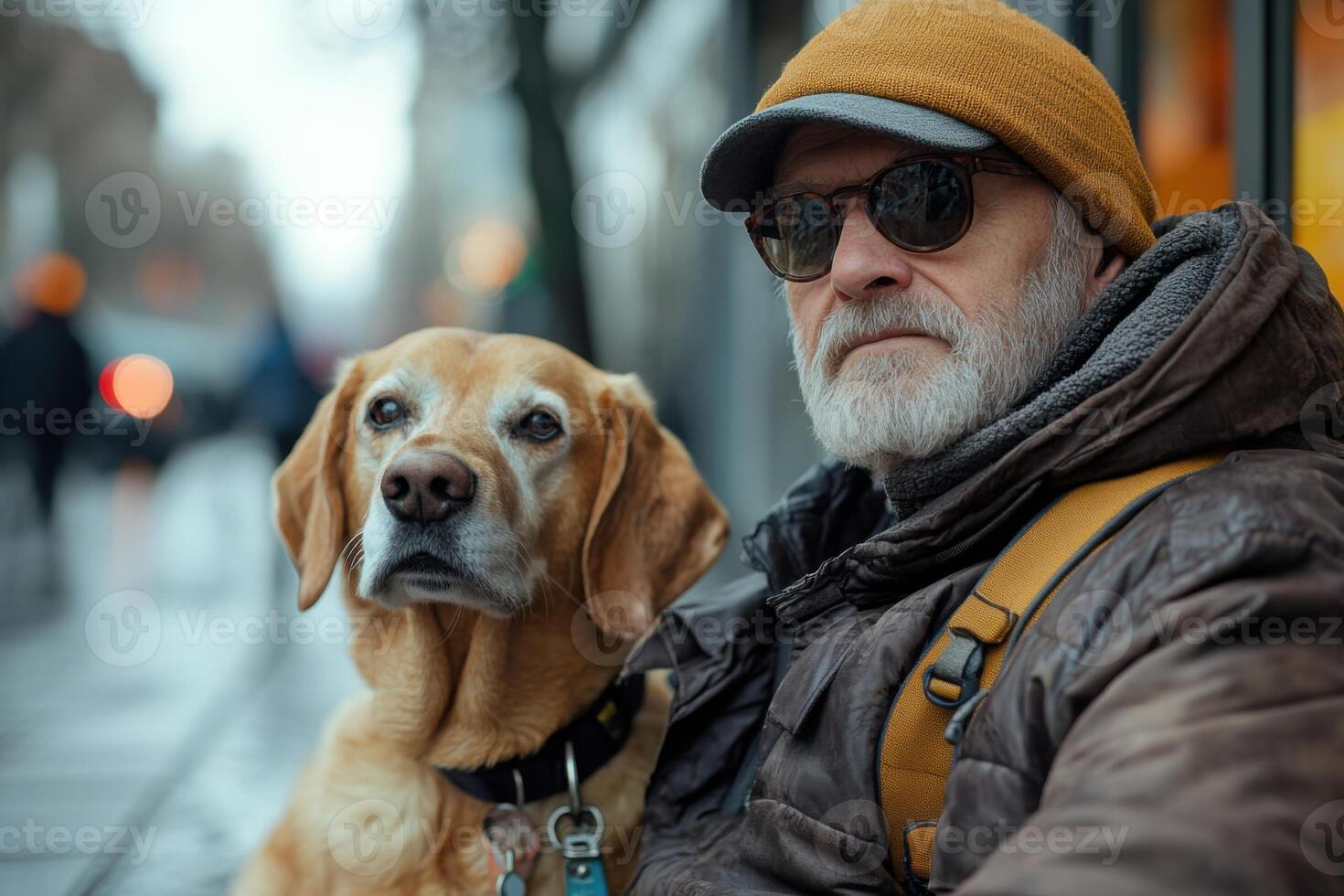 Man with beard and sunglasses rests with his dog on a city sidewalk. The dog looks forward. People walk by blurred in background. photo