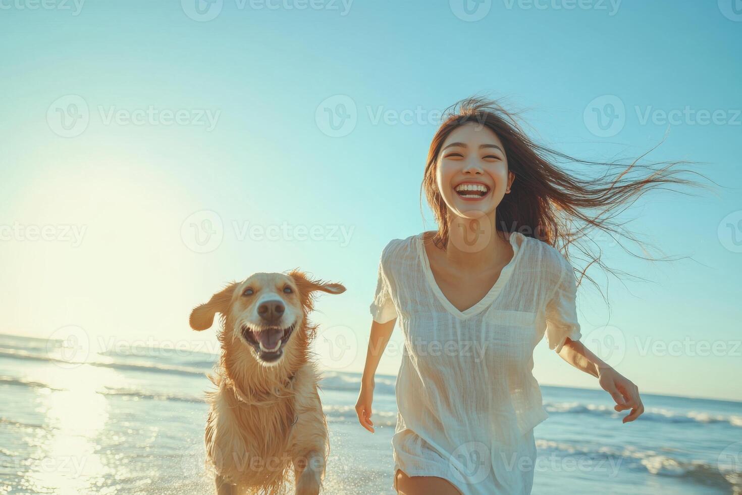 Happy woman and golden dog run together. They are on beach near ocean. Sky is blue. Sunlight is shining. Both are smiling. photo