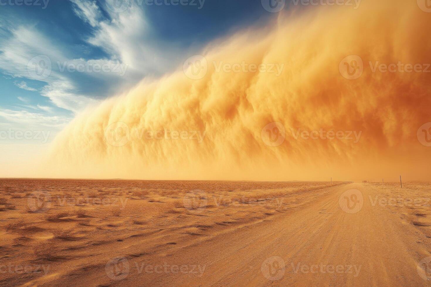 Dust storm approaches dirt road in vast dry landscape with sky. Sand cloud moving over barren plains. Horizon view of nature in wilderness. photo