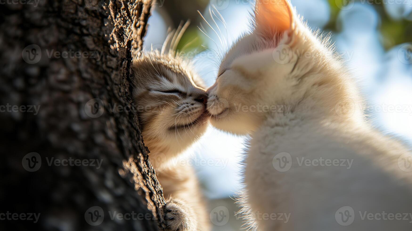Adorable baby cats sharing a loving kiss under a tree. photo