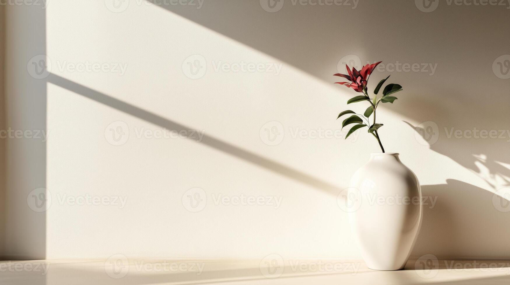 A white vase with a single flower sitting on a table photo