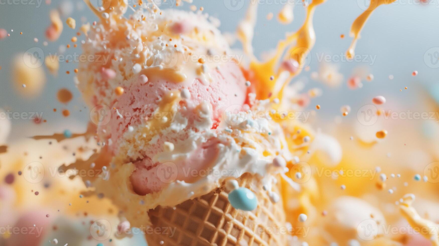 Colorful ice cream splashes, melting ice cream cone. photo