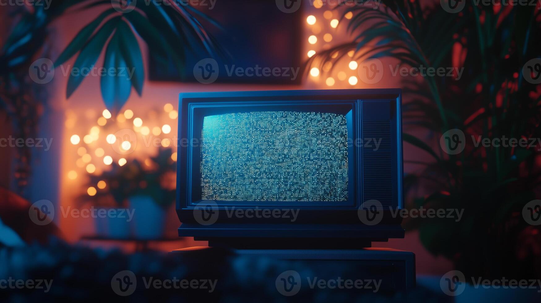 An old television sitting in front of a plant photo