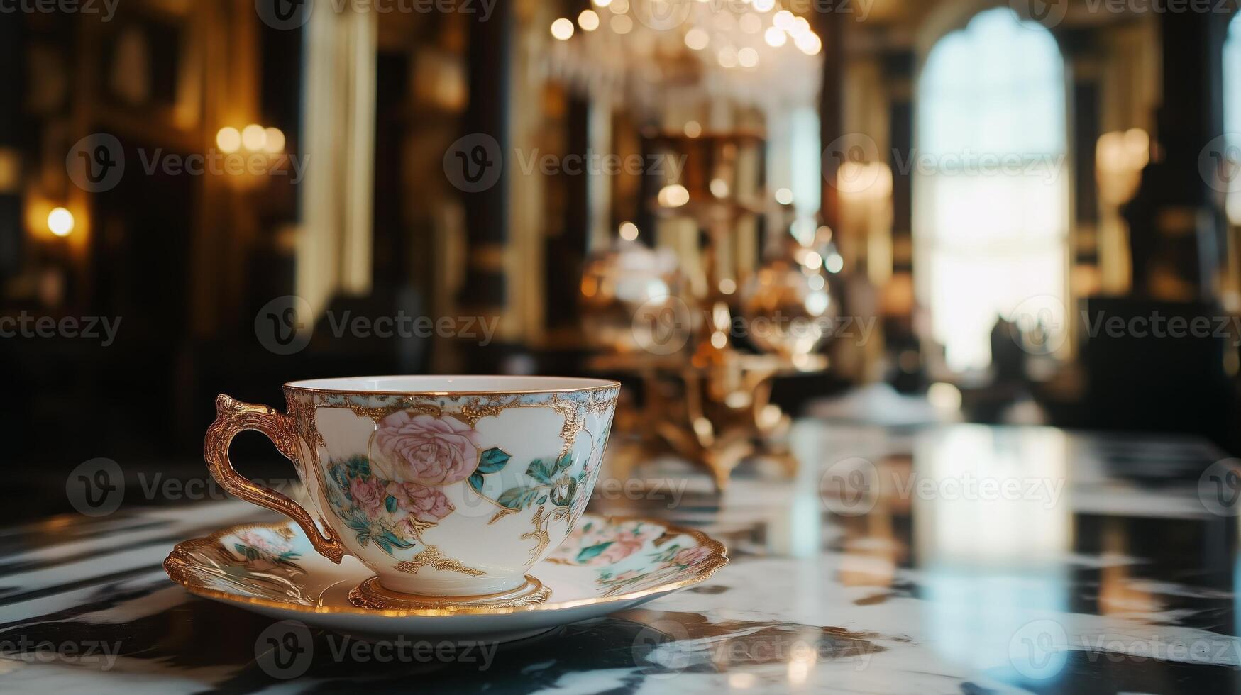 A cup and saucer on a table in a fancy restaurant photo