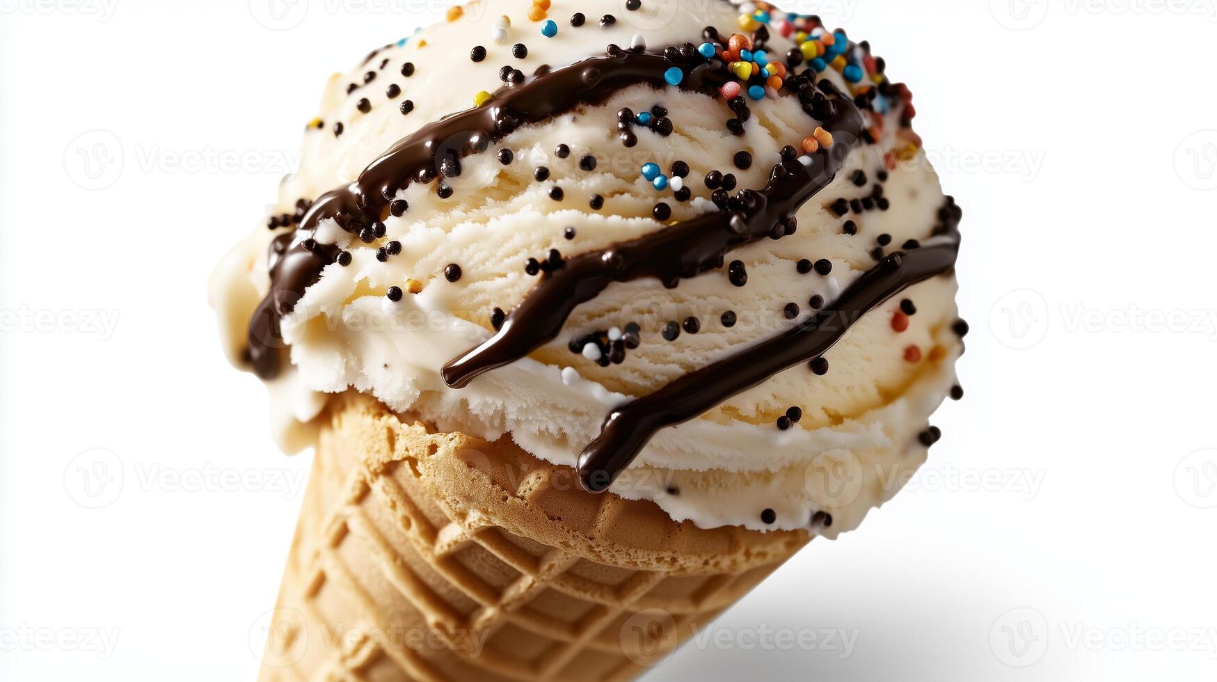 An ice cream cone with chocolate and sprinkles photo