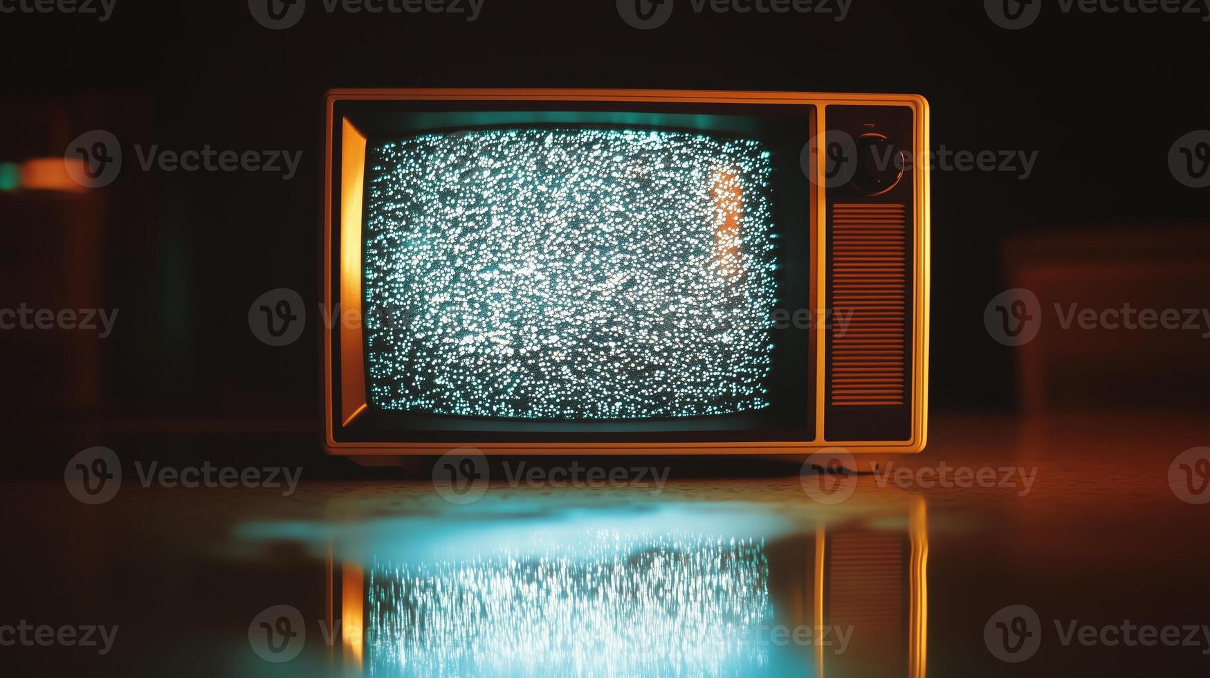 An old television is lit up with a glowing screen photo
