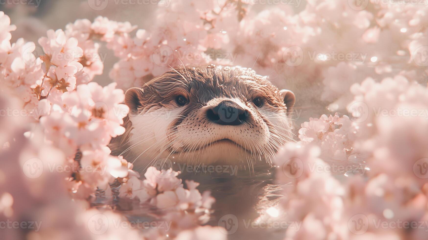 A cute otter in the water surrounded by pink flowers photo