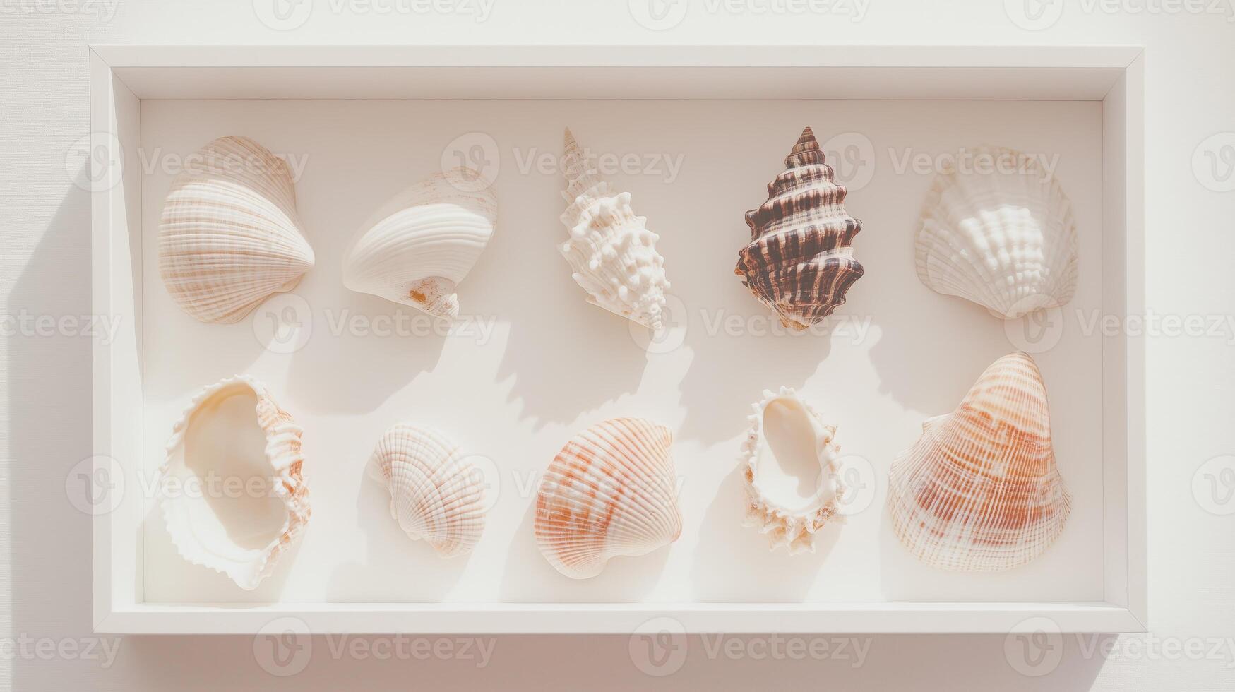 Collection of seashells in a white shadow box photo