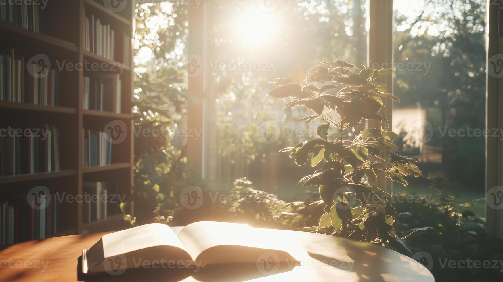 An open book sits on a table in front of a window photo