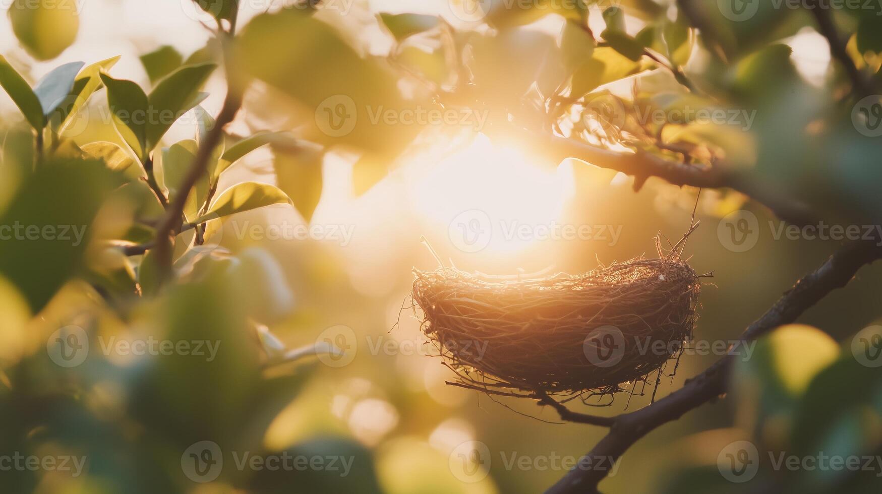 A bird nest in a tree with the sun shining through photo