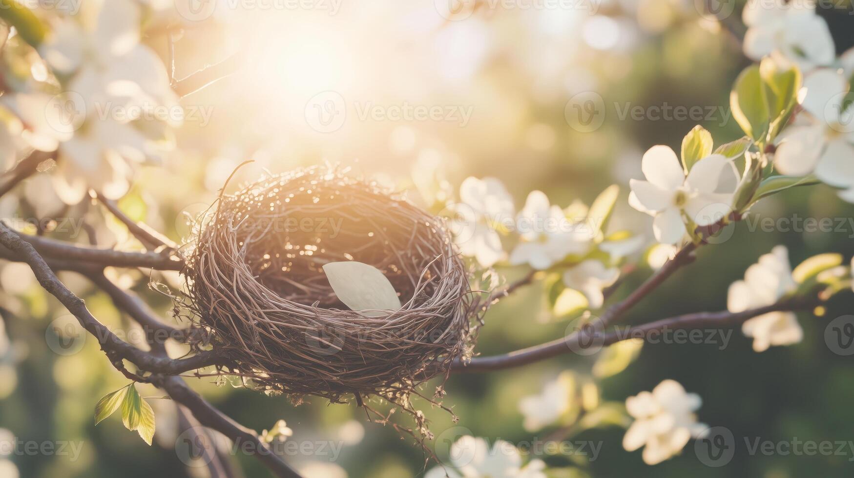 Nest in bird's nest on tree branch with sun shining photo
