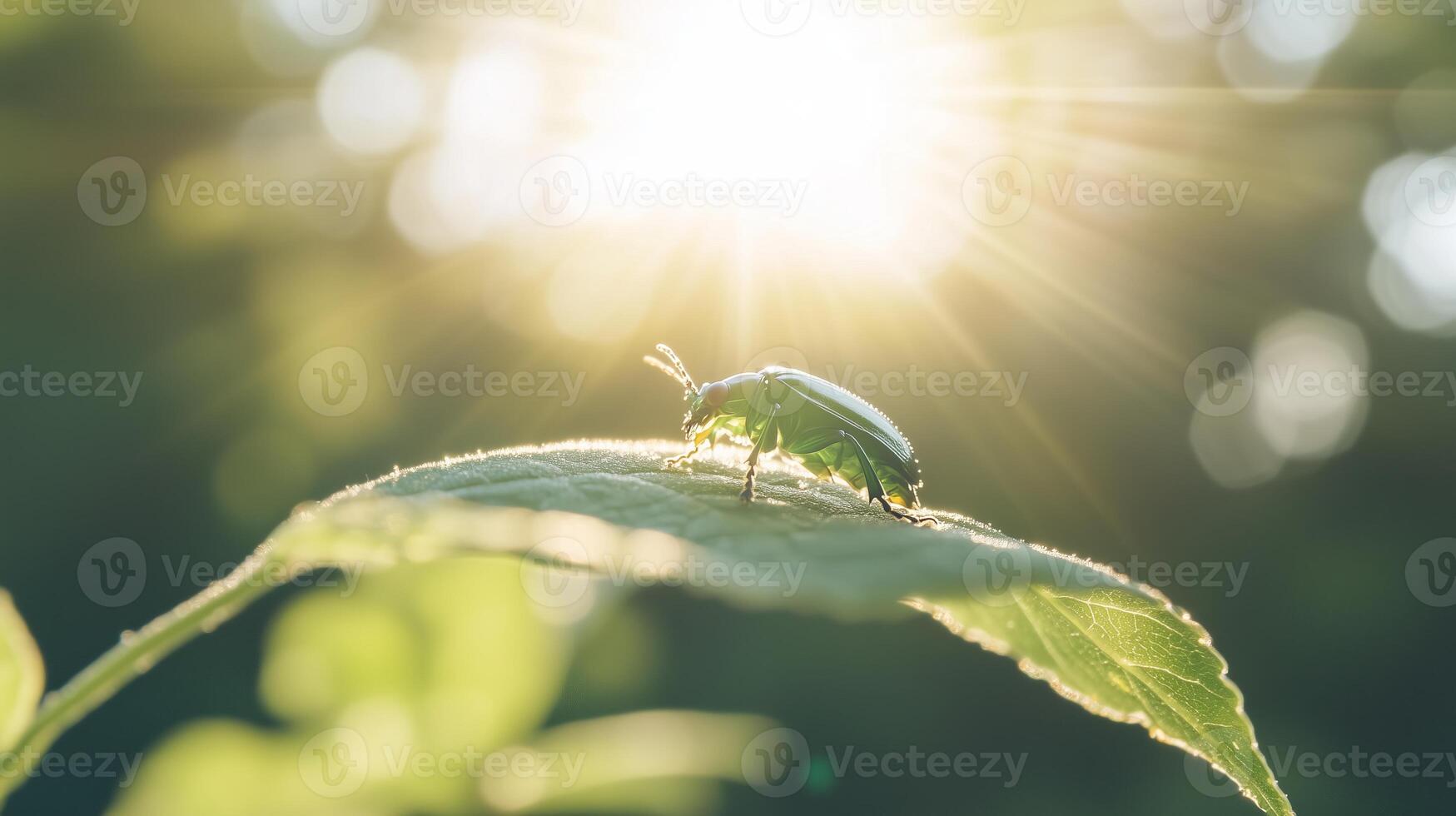 A green beetle on a leaf with sunlight shining through photo