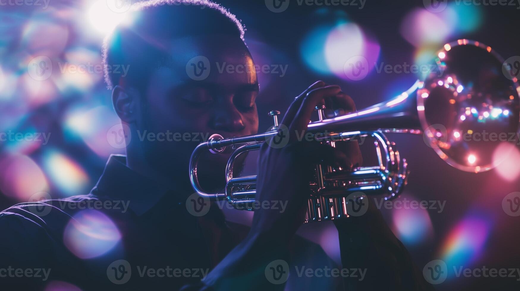 A man is playing a trumpet in front of a bright light photo