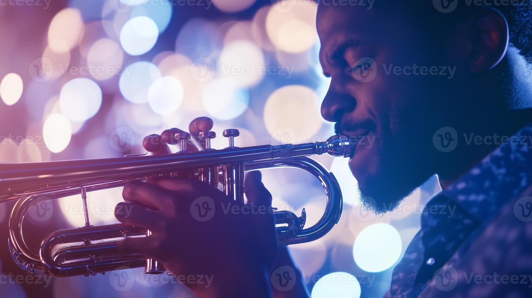 A man playing the trumpet in front of a bokeh background photo