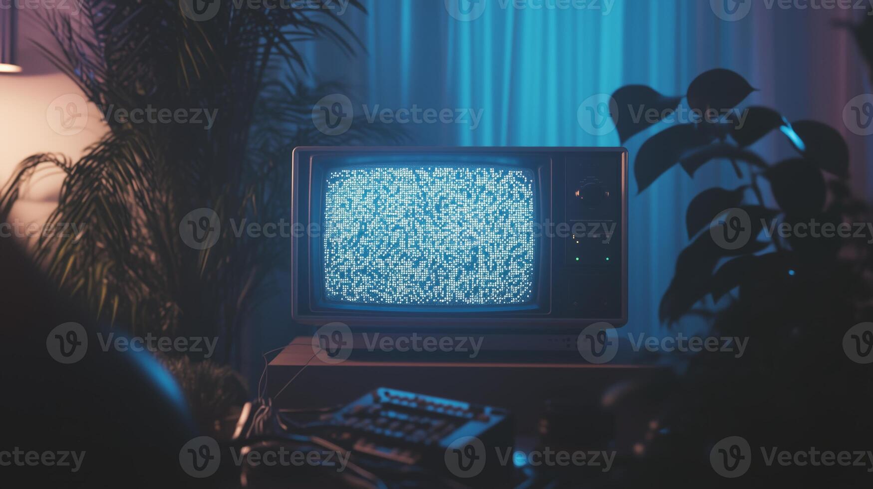 An old television is sitting in front of a plant photo