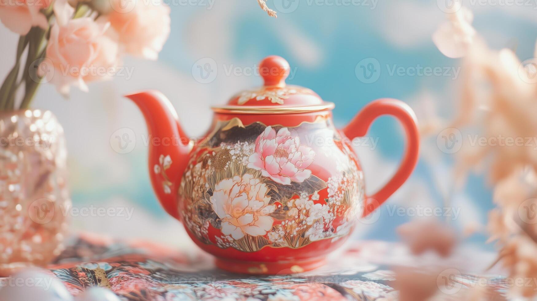 A red tea pot with flowers on a table photo
