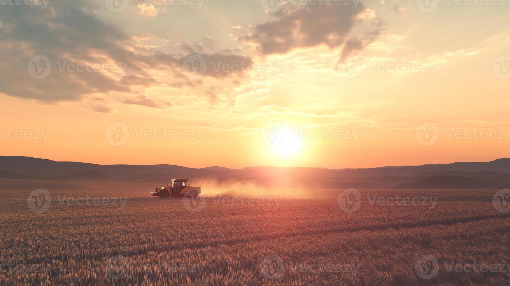 A tractor is working in a field at sunset photo