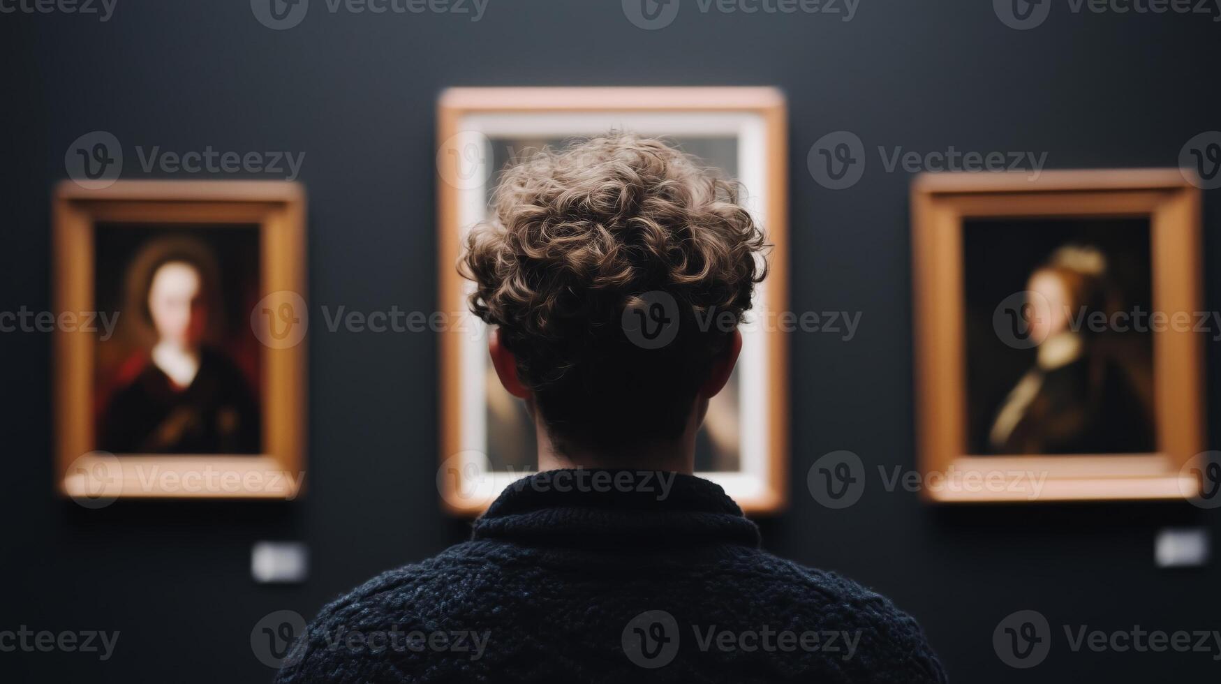 A man looking at paintings in an art gallery photo