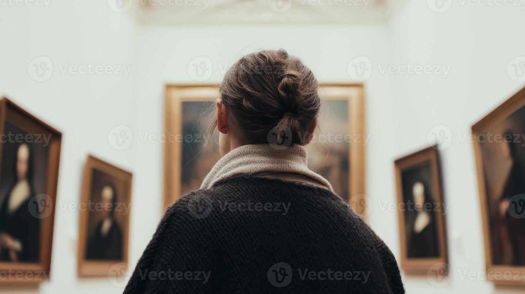 A woman looking at paintings in an art gallery photo