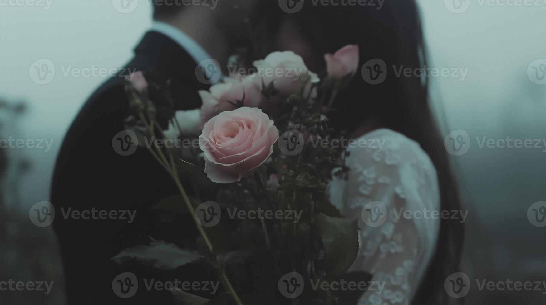 A man and woman are standing in front of each other with flowers photo